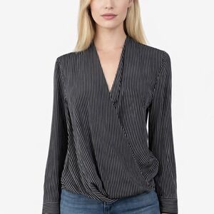 Rag & Bone Womens Silk Wrap Blouse Black White Pinstripe Twist Front Shirt Top M